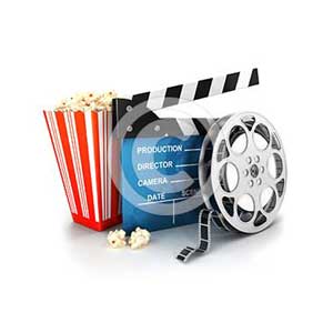 3d cinema clapper, film reel and popcorn